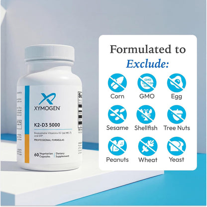XYMOGEN K2-D3 5000 - Vitamin D3 K2 Food Supplement for Immune & Bone Support - Non-GMO, Gluten-Free, Vegetarian - 60 Capsules
