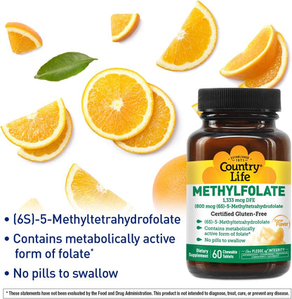 Country Life Methylfolate Chewable Tablets with Methylcobalamin B12 - Metabolically Active Folate - Great-Tasting Orange Flavour - Gluten-Free - Vegan - 60 Tablets