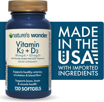 Nature's Wonder Vitamin K2 + D3 with MenaQ7 for Cardiovascular, Brain, Bone and Muscle Health, 120 Soft gel capsules, 120 Day Supply