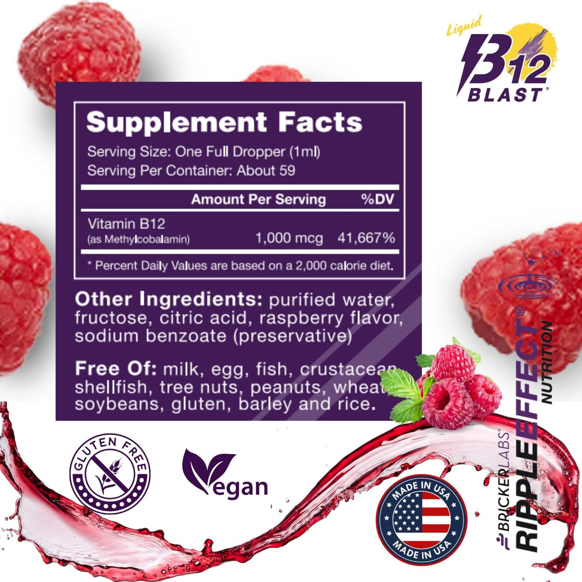 Bricker Labs B12 Blast Methylcobalamin 1000mcg Sublingual Liquid - Vegan B12 Energy Supplement, 2 fl oz - görsel 5