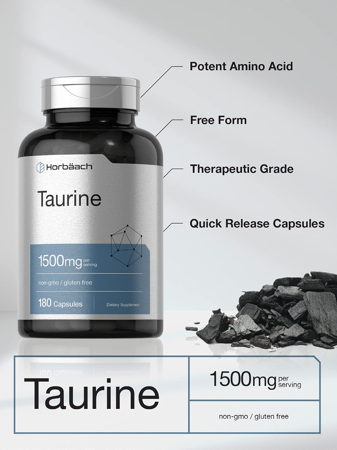 Horbäach Taurine 1500mg | 180 Capsules | Amino Acid Supplement | Non-GMO and Gluten-free - görsel 3
