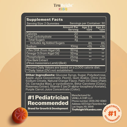 TruHeight Kids Brain Growth Gummies - Orange - Omega-3 DHA Multivitamin for Ages 2+