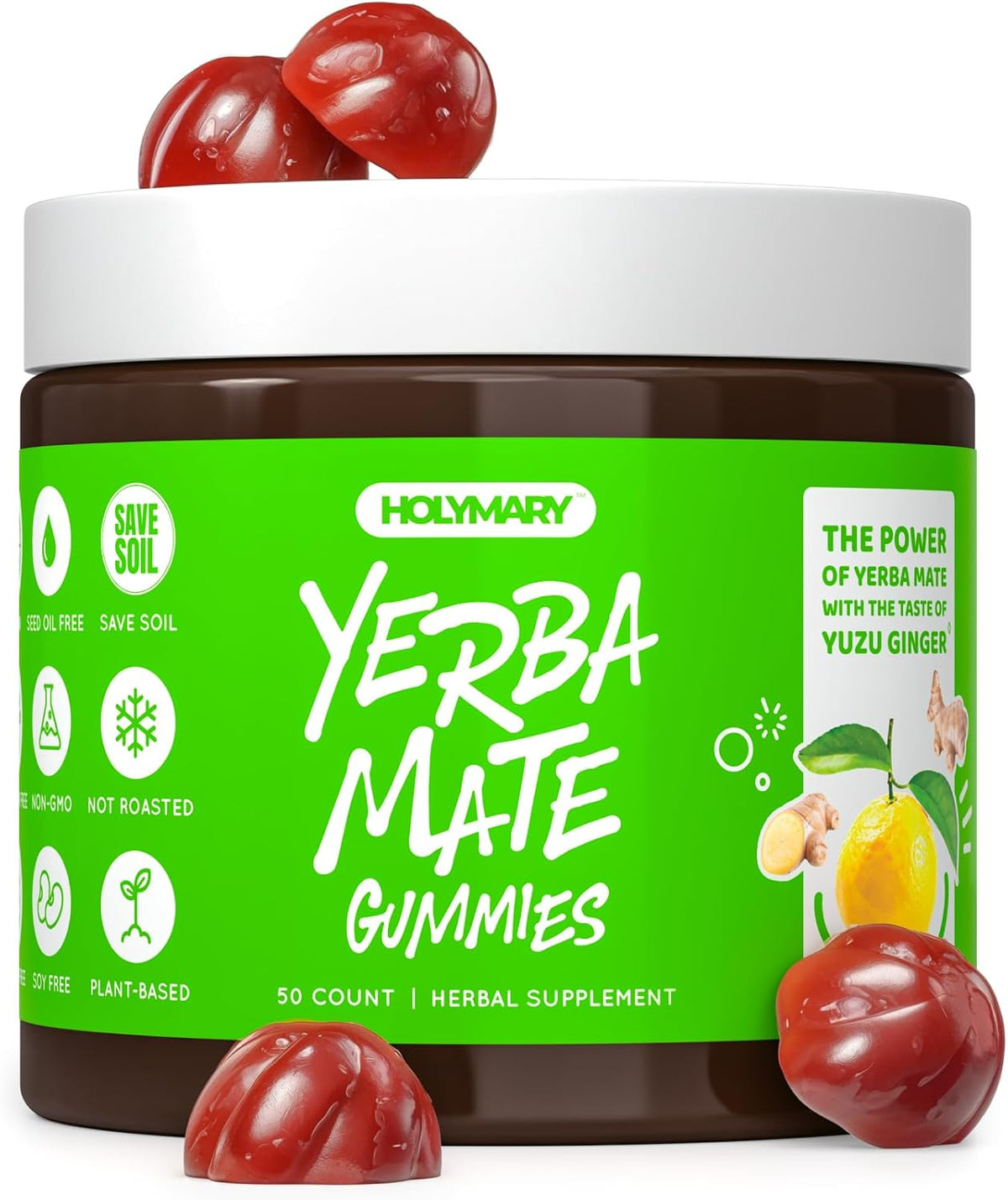 HOLYMARY Yerba Mate Gummies, Raspberry Flavour - Energy, Focus, Power - Vegan, Non-GMO, Natural Ingredients, Gluten-free, 50 Gummies - görsel 9
