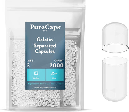 PureCaps USA - Empty Gelatine Capsules Size 3 | 2,000 Capsules | Clear | Non-GMO Certified | SLS, Gluten, Preservative Free