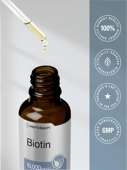 Horbäach Biotin Liquid Drops 10000mcg | 120 ml | Berry Flavour | Vegetarian, Non-GMO & Gluten-free Supplement