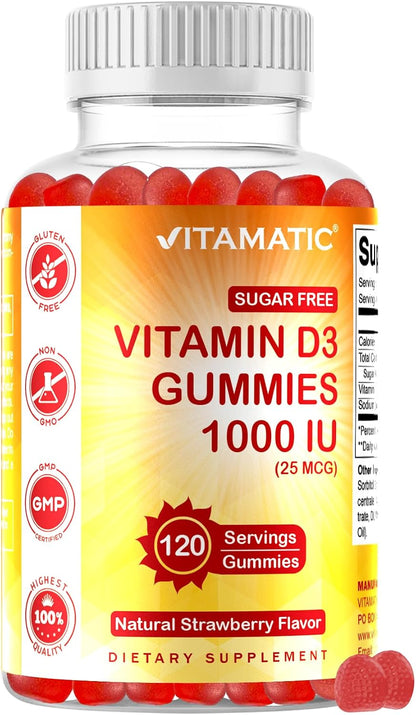 Vitamatic Sugar Free Vitamin D3 Gummies - 1000 IU - Pectin Based - Non-GMO - 120 Gummies