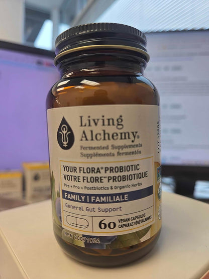 Your Flora Probiotic Family – Non-GM Probiotics with Fermented Soybean, Banana, and Blueberry for Digestive Health & Gut Wellness – Prebiotics, Postbiotics, Digestive Enzymes – Living Alchemy, 60 Capsules