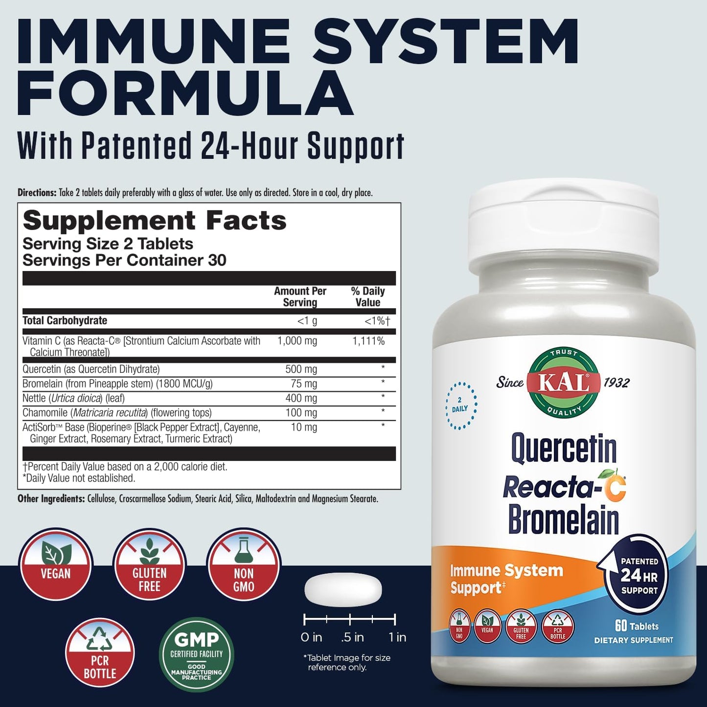 KAL Quercetin with Bromelain - Bromelain Quercetin Supplement for Men & Women, Complex with Vitamin C, Nettle, & Chamomile, Immune Health Support, Vegan, Non-GMO, Gluten-Free - 60 Tablets - görsel 2