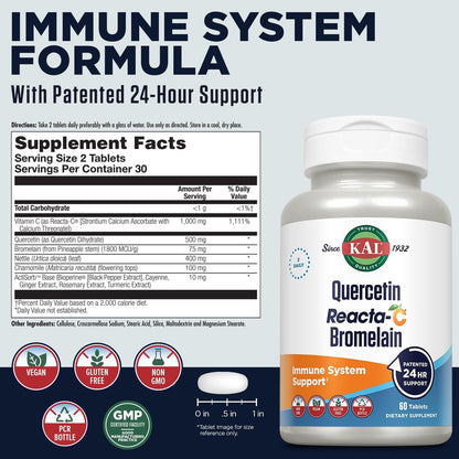 KAL Quercetin with Bromelain - Bromelain Quercetin Supplement for Men & Women, Complex with Vitamin C, Nettle, & Chamomile, Immune Health Support, Vegan, Non-GMO, Gluten-Free - 60 Tablets