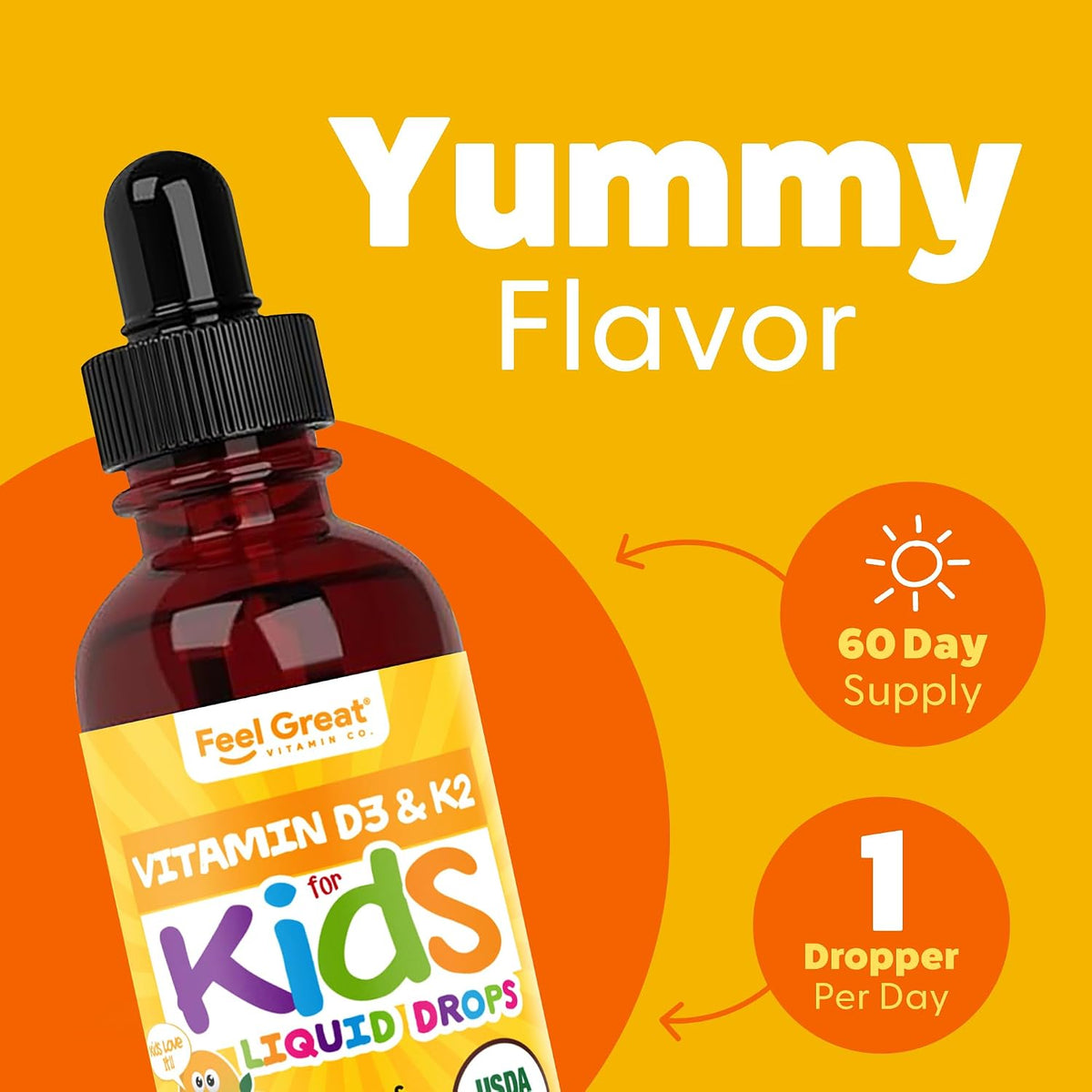 Feel Great USDA Organic Liquid Vitamin D Drops for Infants & Toddlers with K2, 2 oz - görsel 2