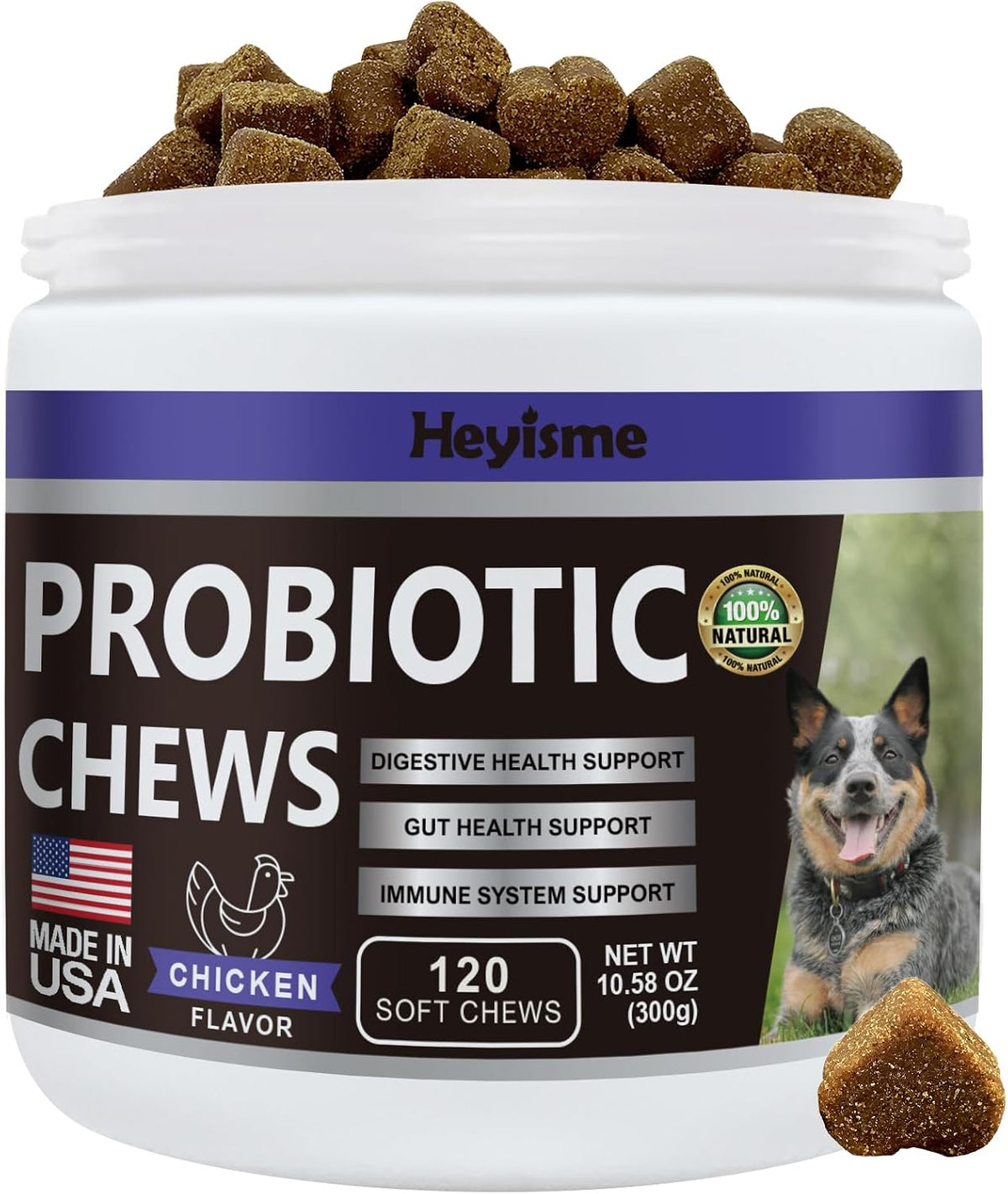 HEYISME Probiotics for Dogs - Support Gut Health, Itchy Skin, Yeast Balance, Immunity - Chicken-Flavoured, 120 Chews - görsel 1