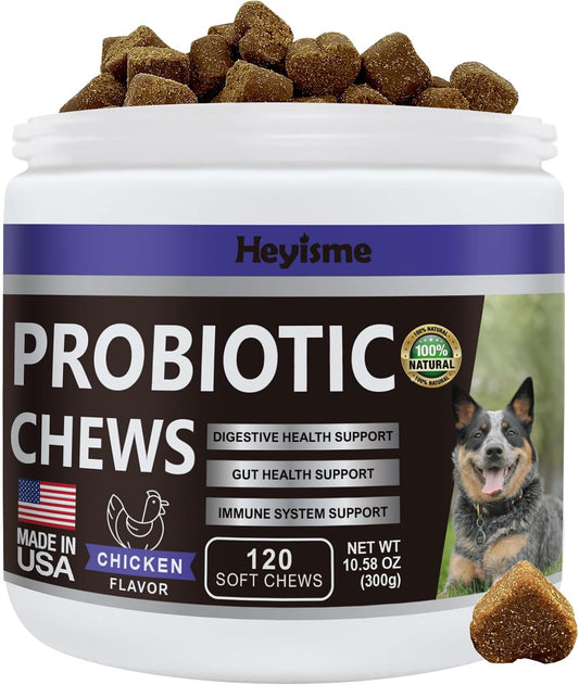 HEYISME Probiotics for Dogs - Support Gut Health, Itchy Skin, Yeast Balance, Immunity - Chicken-Flavoured, 120 Chews