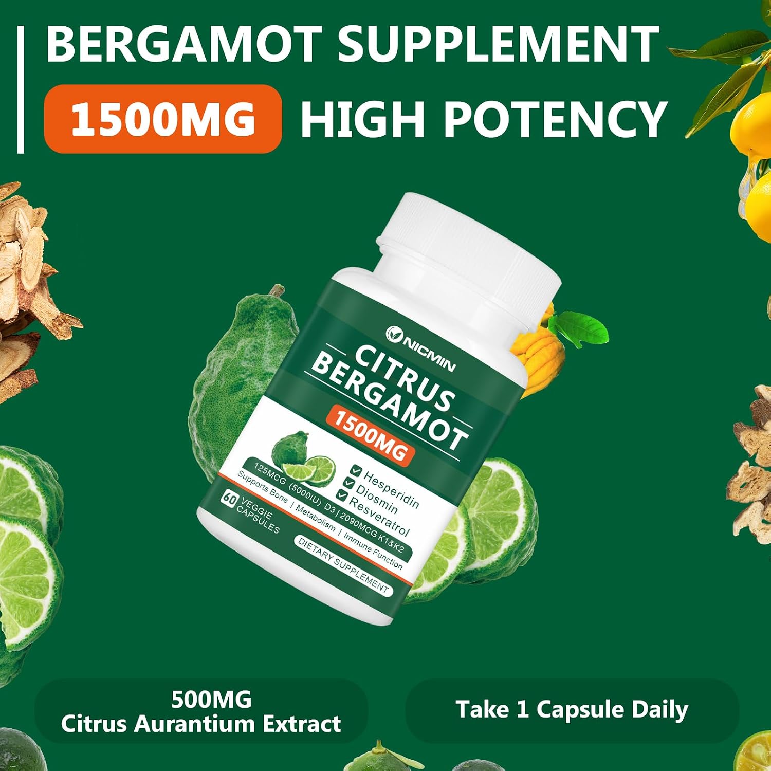 NICMIN Citrus Bergamot 1500mg with Hesperidin, Diosmin, Resveratrol, Vitamin D3, K1 & K2 - Supplement for Heart & Bone Health, 60 Vegetable Capsules - görsel 4