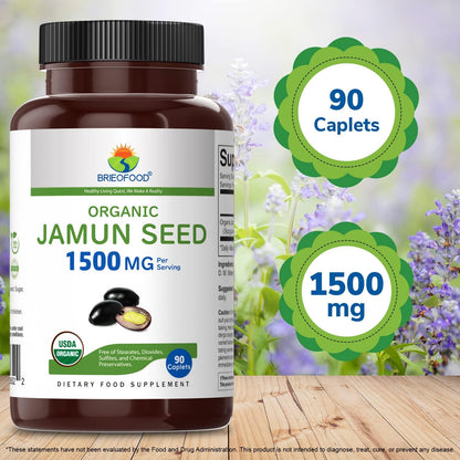 Brieofood Organic Jamun Seed 1500mg, 90 Vegetarian Tablets, Gluten-free