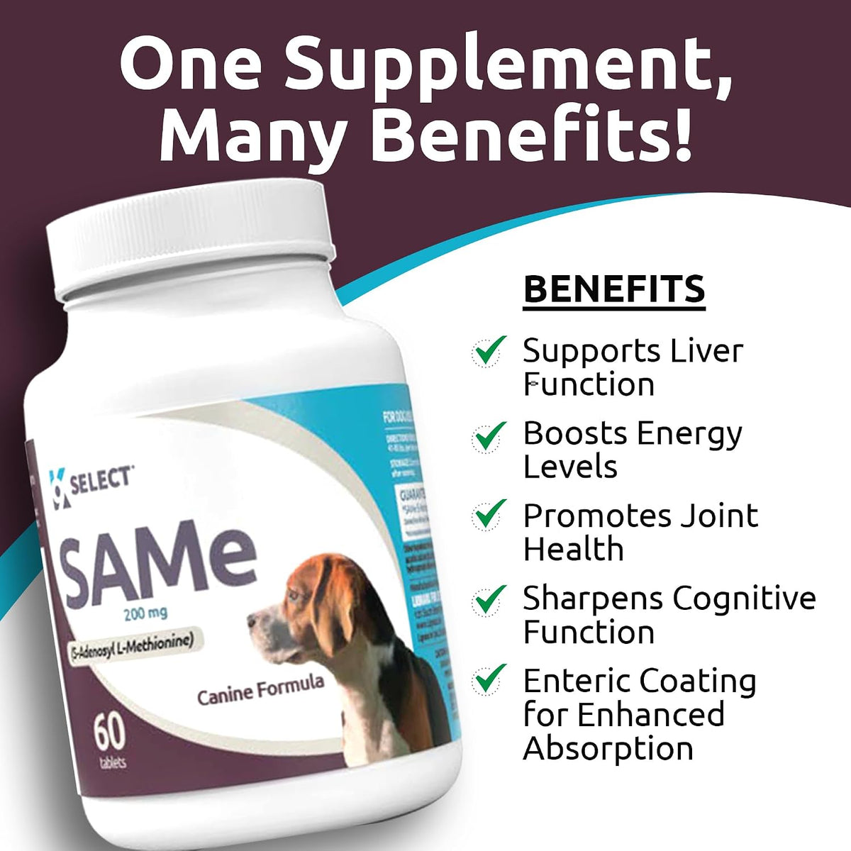 K9 Select SAM-e for Medium and Large Adult Dogs, 60 Tablets, 200mg Active S-Adenosyl L-Methionine - görsel 6