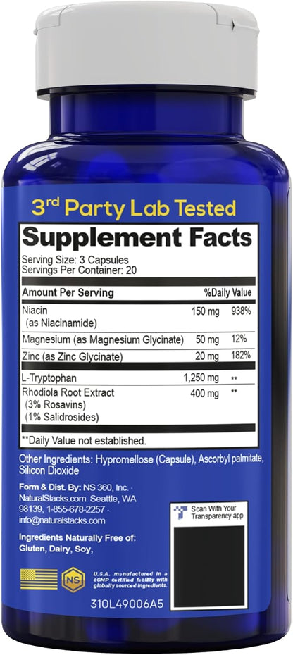 Serotonin Brain Food - 1250mg L-Tryptophan & 400mg Rhodiola Rosea Food Supplement - Mood Support with Magnesium Glycinate & Zinc - 60 Capsules