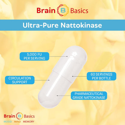 Brain Basic Ultra-Pure Nattokinase 5000 FU – 120 Capsules – Natural Circulation Support with Highest Potency Available – Non-GMO, Vegan, Gluten-free