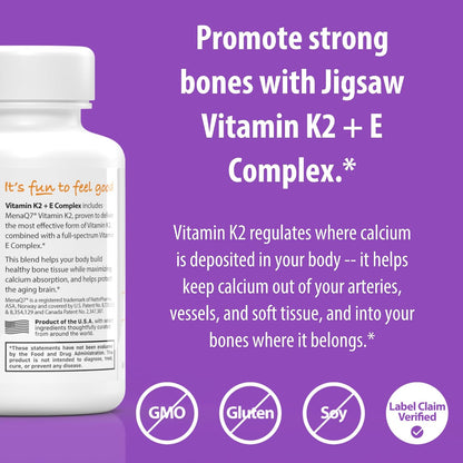 Jigsaw Health Vitamin K2 + E Complex | Bone Health Support | 60 Softgels | 60-Day Supply