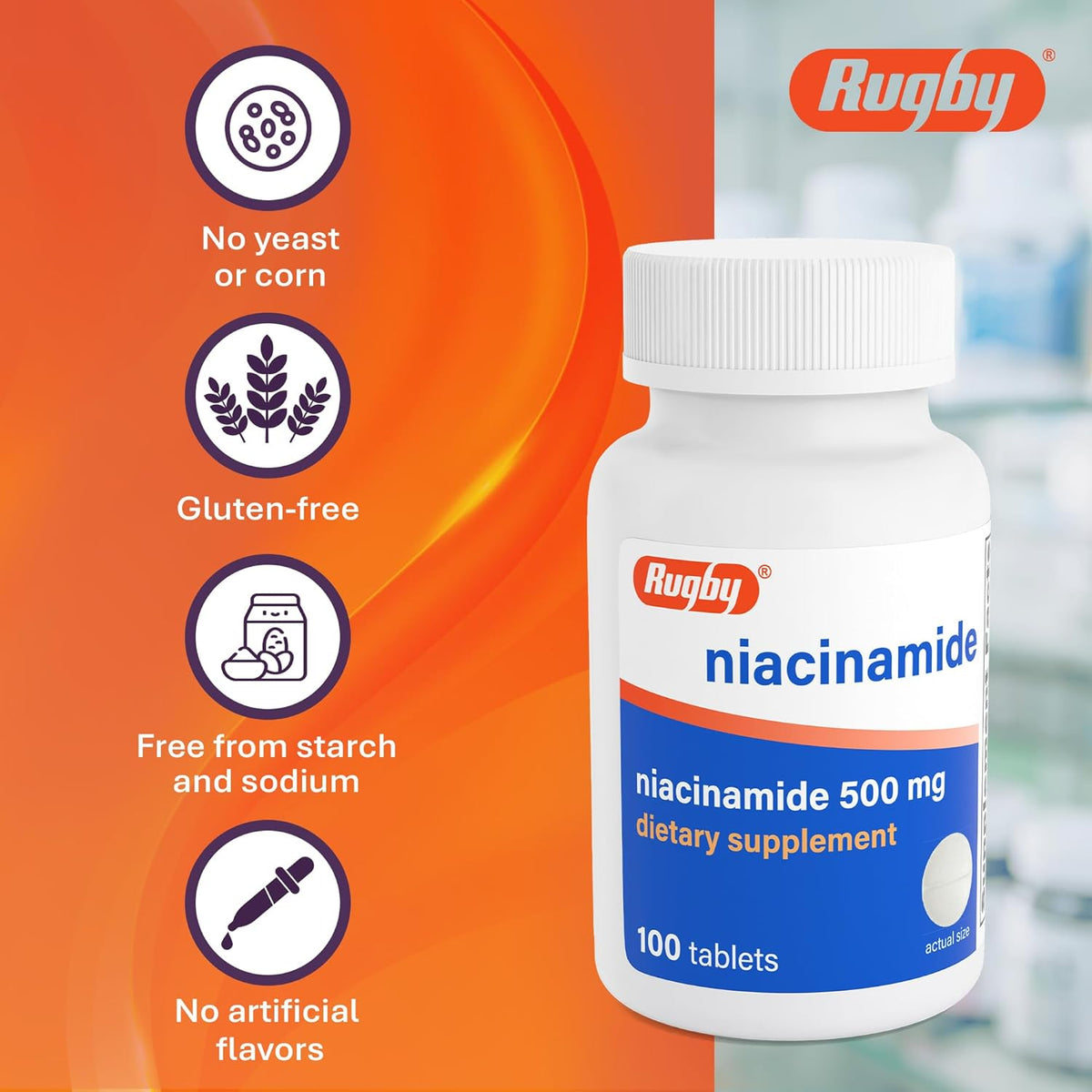 Rugby Niacinamide 500 mg Tablets, Gluten-Free Food Supplement for Adults, Supports Overall Health, No Artificial Flavours - 100 Count (Pack of 3) - görsel 6