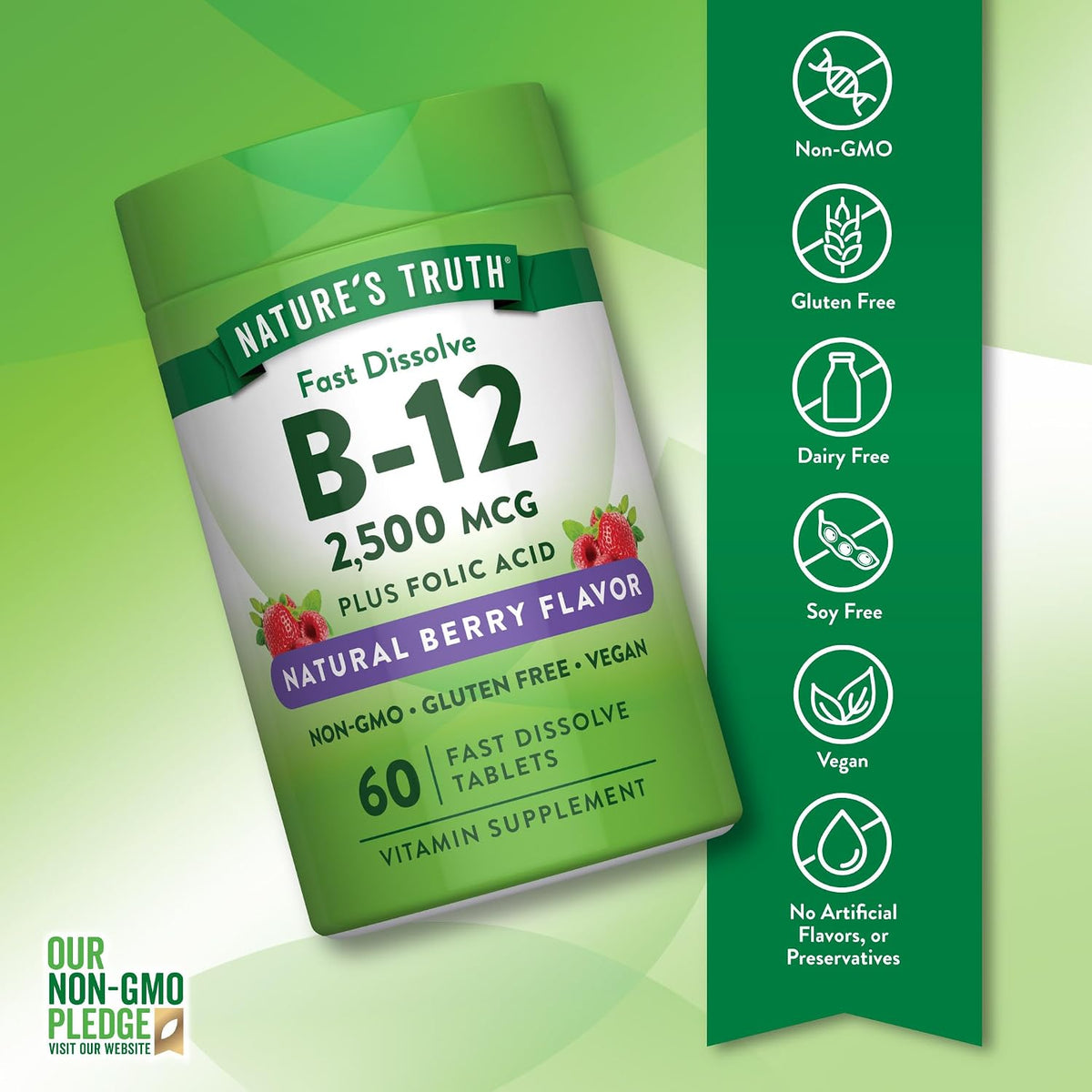 Nature's Truth Vitamin B12 2500 mcg Fast Dissolve Tablets with Folic Acid - 60 Count - görsel 3