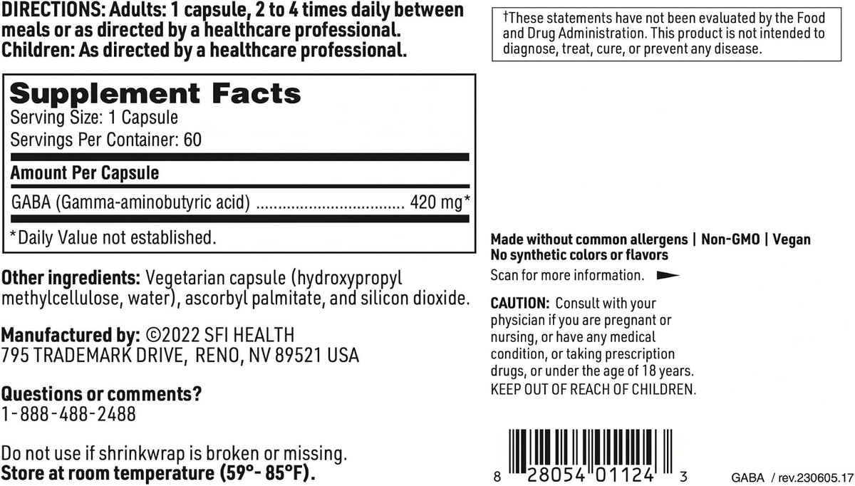 Klaire Labs SFI Health GABA – 420 mg Gamma-Aminobutyric Acid, 60 Capsules - görsel 5