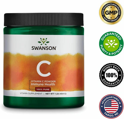Swanson Vitamin C Powder 100% Pure Ascorbic Acid, for Normal Immune Function, Skin Health, and Antioxidant Protection, 1000 mg per Serving, 1 lb (454 g) 3-Pack