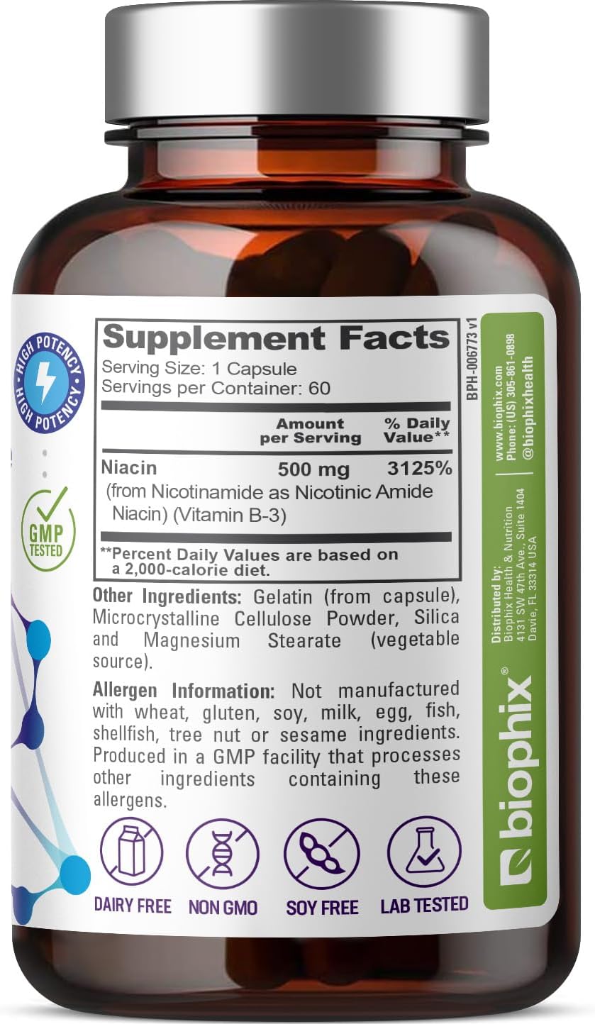 biophix B-3 Nicotinamide 500 mg 60 Caps – Nicotinic Amide Niacin Natural Flush-Free Vitamin Formula – Image 7