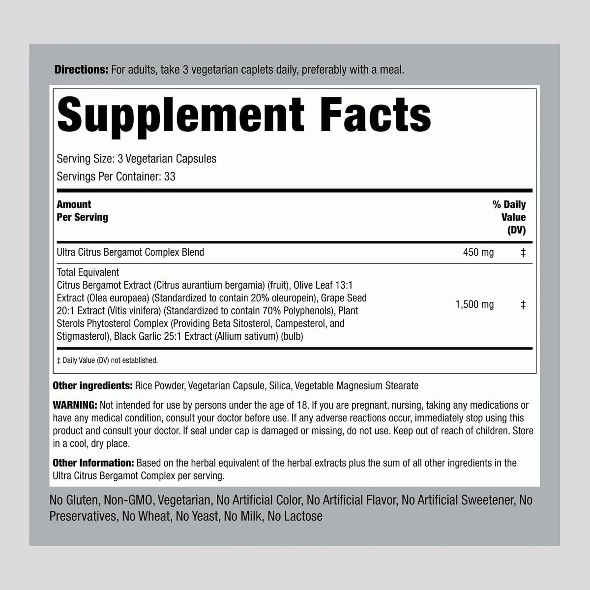 Piping Rock Citrus Bergamot Supplement – 100 Vegetarian Capsules, Non-GMO & Gluten-free - görsel 2