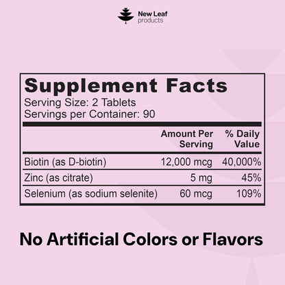 Biotin Hair, Skin and Nails Vitamins 12000mcg High Strength – Supports Normal Hair, Skin & Nails – Vegan, 180 Tablets (3 Month Supply) – Made in UK by New Leaf