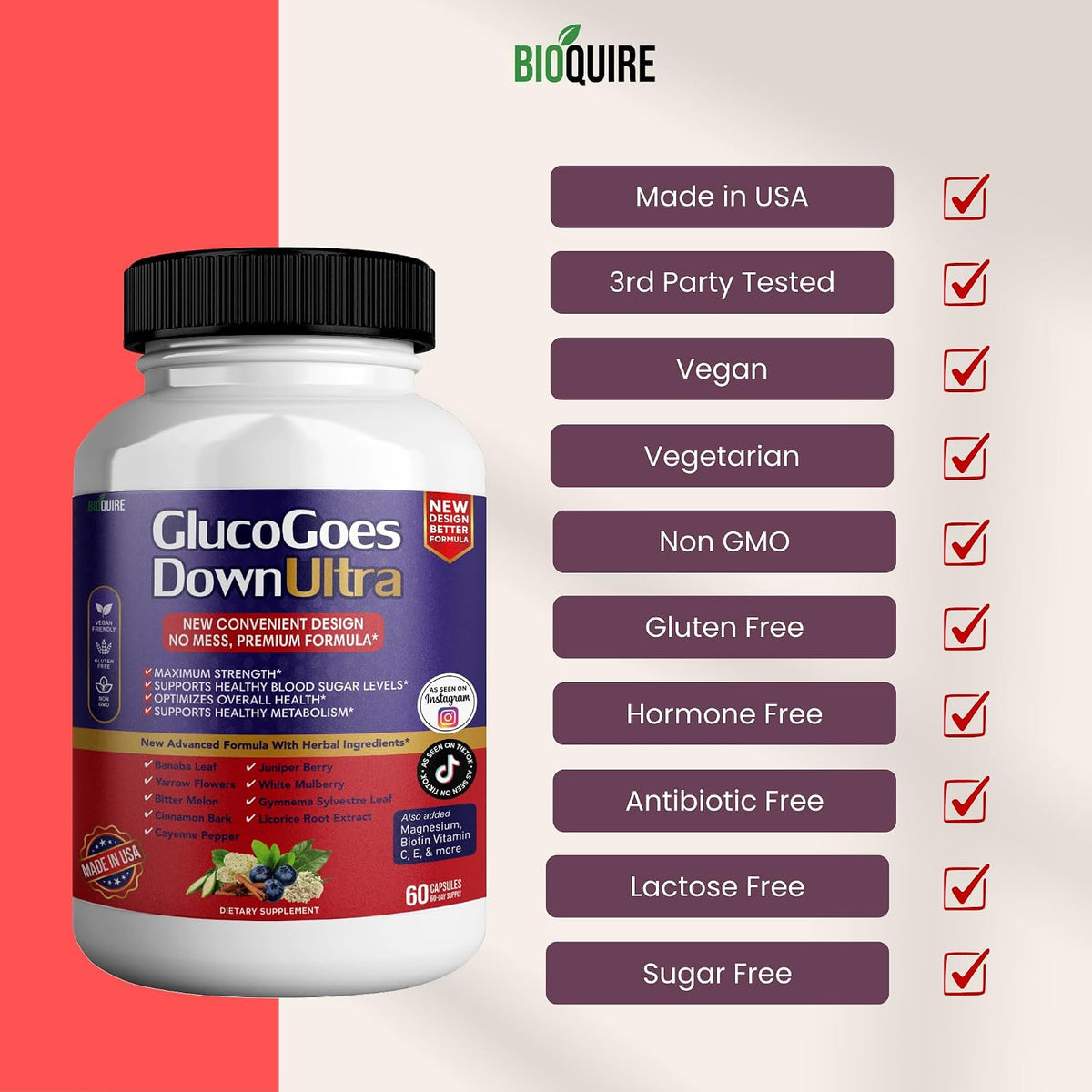 BIOQUIRE Gluco Goes Down Ultra Food Supplement - Maximum Strength - 60 Capsules - görsel 3