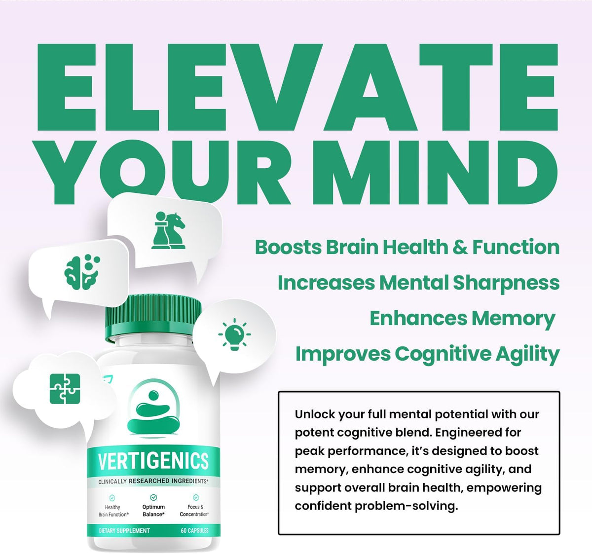 Vertigenics Brain Supplement Capsules – All-Natural Maximum Strength Formula for Memory and Focus (5 Pack – 300 Capsules) - görsel 3