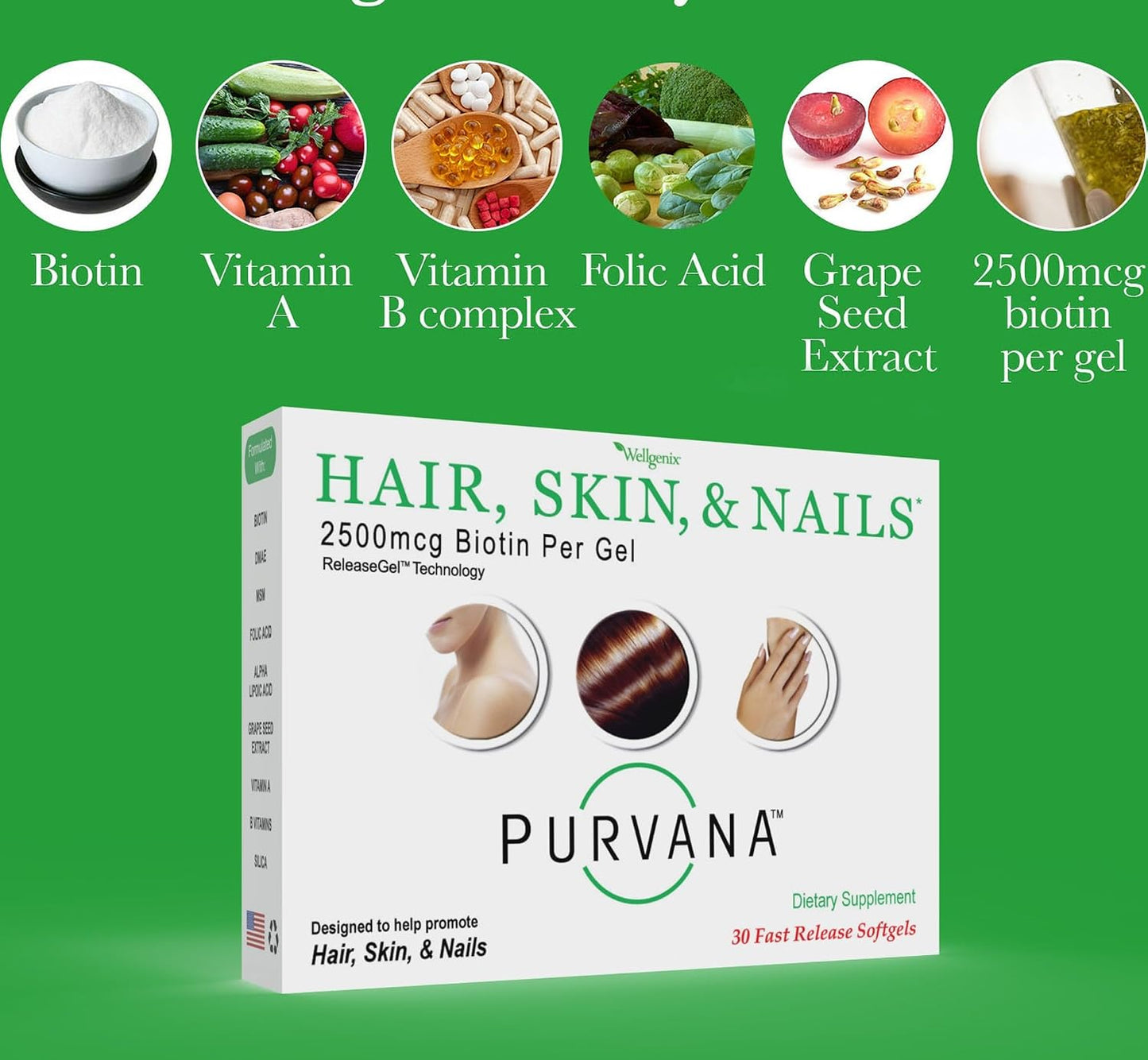 Wellgenix Purvana Hair, Skin and Nails – 2500mcg Biotin Softgels with MSM & B-Complex – 30 Count - görsel 3