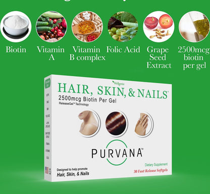 Wellgenix Purvana Hair, Skin and Nails – 2500mcg Biotin Softgels with MSM & B-Complex – 30 Count