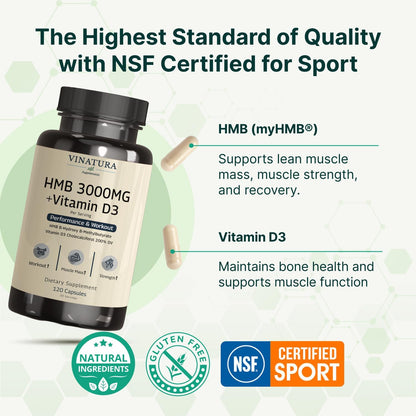 VINATURA HMB 3000mg + Vitamin D3 Food Supplement – NSF Certified for Sport – 120 Capsules
