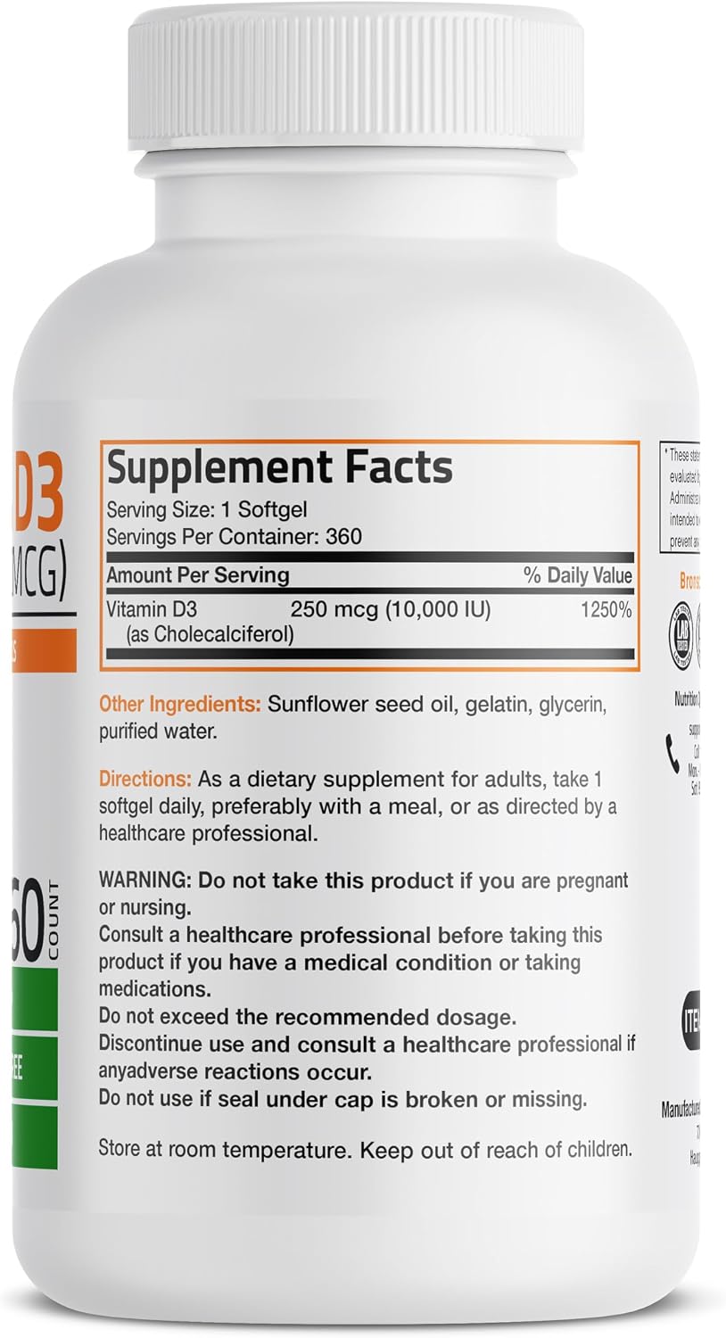 Bronson Vitamin D3 10,000 IU (250 µg) High Potency – Supports Healthy Immune System, Strong Bones, Muscles & Teeth – Non GMO, 360 Softgels - görsel 2