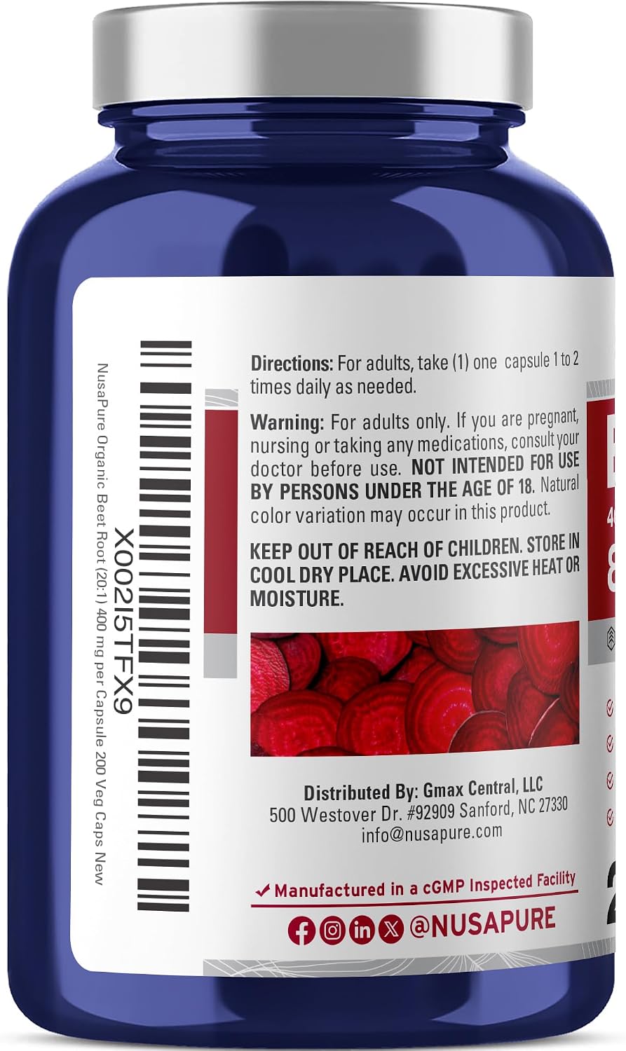 NusaPure Organic Beet Root, 400 mg, 200 Veg Capsules (Vegan, Non-GMO) - görsel 3