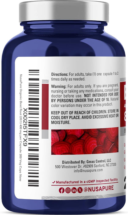 NusaPure Organic Beet Root, 400 mg, 200 Veg Capsules (Vegan, Non-GMO)