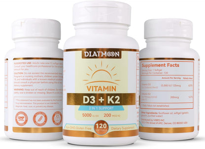 DIATMOON Vitamin D3 K2 Supplement Soft gel capsules – 5000 IU D3 & 200 mcg K2 MK-7, Bone and Teeth Support, 120 Count