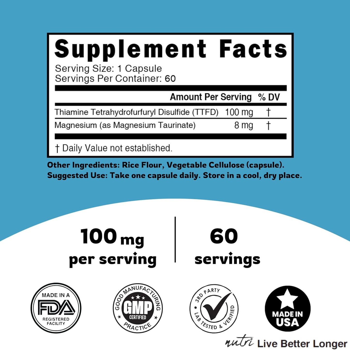 Nature's Fusions TTFD Thiamine B1 Supplement - 100mg with Magnesium, 60 Capsules - görsel 5