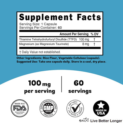 Nature's Fusions TTFD Thiamine B1 Supplement - 100mg with Magnesium, 60 Capsules