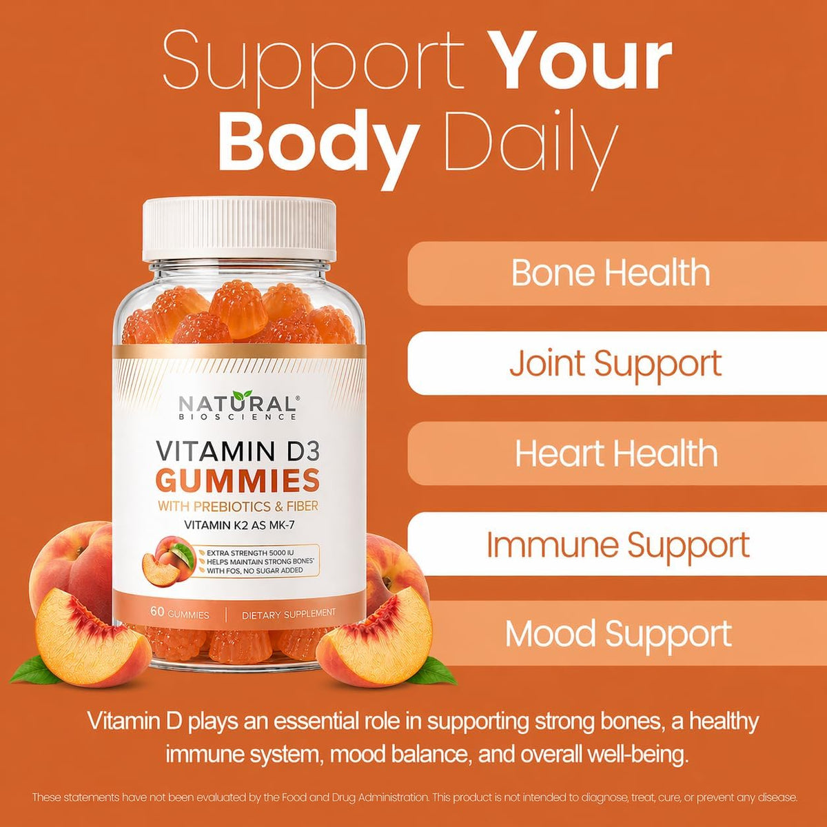 Sugar Free Vitamin D3 K2 Gummies 5000 IU + K2 MK7 80 mcg – Natural Peach Flavour - görsel 5