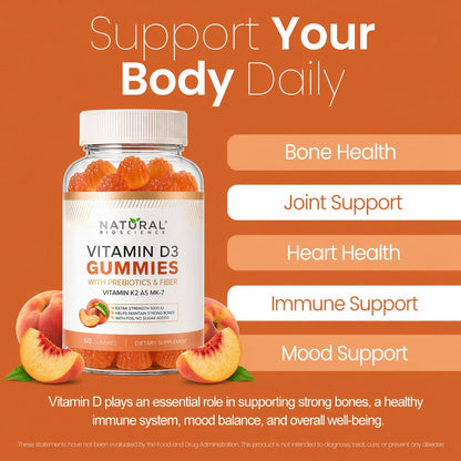 Sugar Free Vitamin D3 K2 Gummies 5000 IU + K2 MK7 80 mcg – Natural Peach Flavour