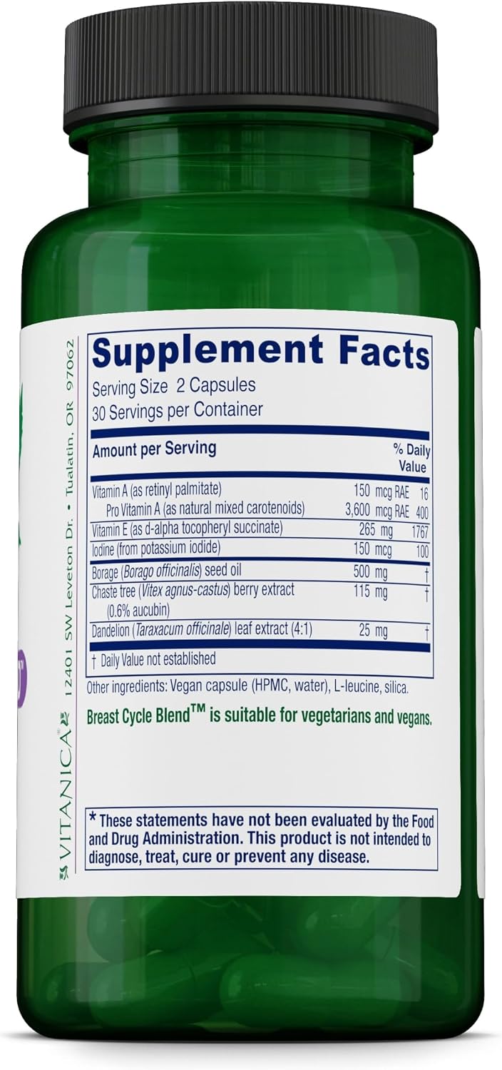 Vitanica Breast Cycle Blend – Breast Support Supplement with Chaste Tree Berry & Vitamin E – Cycle Support for Women – Vegan – 60 Capsules - görsel 2