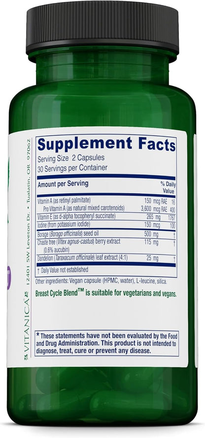 Vitanica Breast Cycle Blend – Breast Support Supplement with Chaste Tree Berry & Vitamin E – Cycle Support for Women – Vegan – 60 Capsules