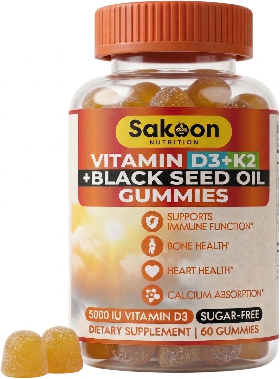 Sakoon Vitamin D3 K2 Gummies 5000 IU with Black Seed Oil - Bone Strength, Calcium Absorption & Immune Support - Non-GMO, Gluten-free - 60 Gummies - görsel 1