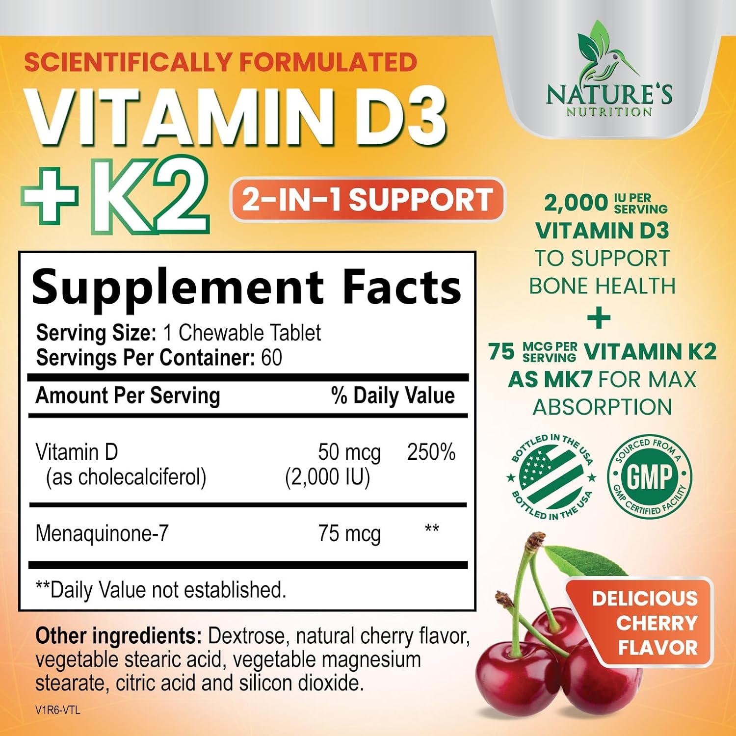 Nature's Nutrition Vitamin D3 K2 Chewable - 2000 IU D3 + 75 mcg MK-7 - Berry Flavour - 60 Tablets - görsel 2