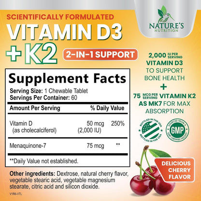 Nature's Nutrition Vitamin D3 K2 Chewable - 2000 IU D3 + 75 mcg MK-7 - Berry Flavour - 60 Tablets