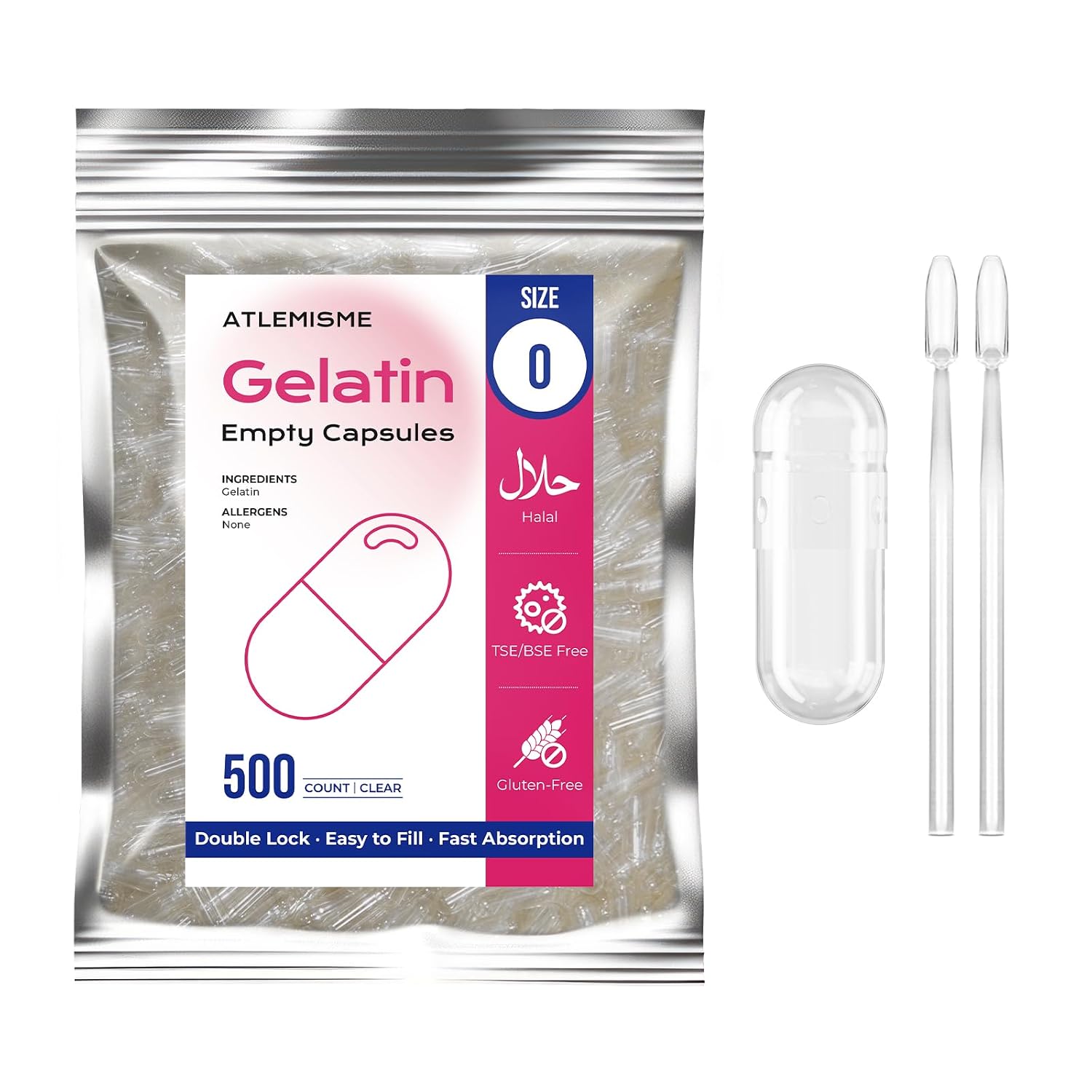 ATLEMISME Empty Gelatin Capsules Size 0 - Clear Empty Capsules 500 Count - Kosher and Halal Pure Gelatin Pill Capsule - DIY Powder Filling - görsel 1