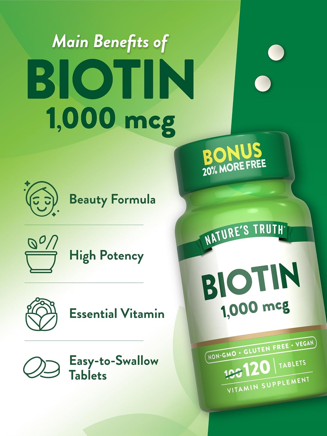 Nature's Truth Biotin 1000mcg - 120 Tablets, Vegan, Non-GMO, Gluten-free Supplement - görsel 5