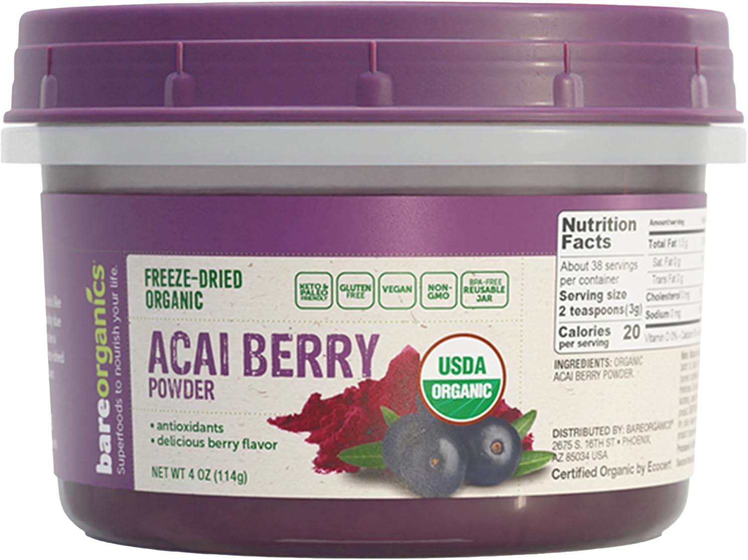 BareOrganics Acai Powder - Superfood Powder, Organic Freeze Dried Acai Berry Powder, 113 g - görsel 1